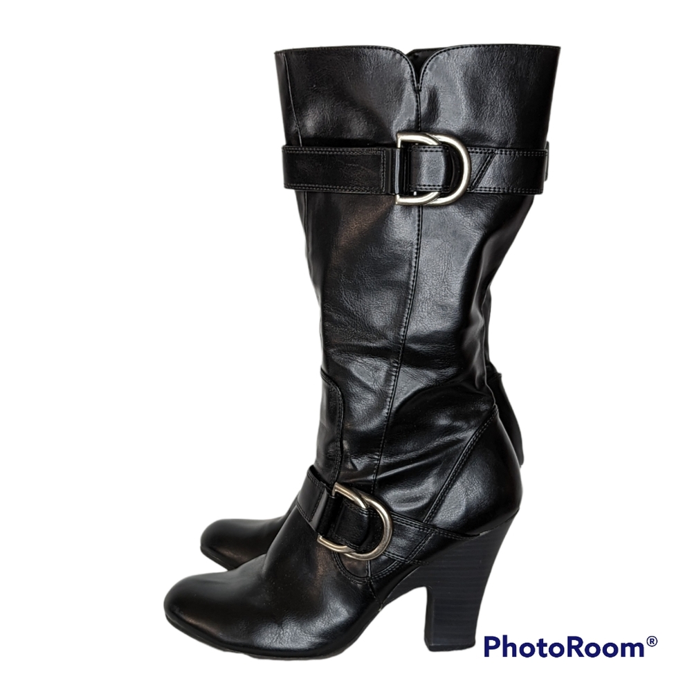 American Eagle Outfitters Boots Womens Sz 8.5 Black Faux Leather Silver Buckles - Picture 1 of 16